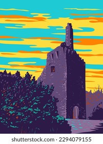 WPA poster art of Dromore Castle a tower house and National Monument in towns of Crusheen and Corofin in County Clare the Republic of Ireland done in works project administration or Art Deco style.