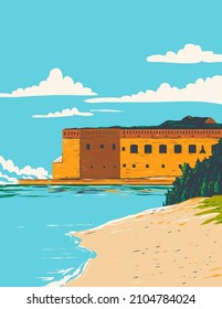 WPA poster art of Dry Tortugas National Park with Fort Jefferson in Monroe County west of Key West in the Gulf of Mexico Florida USA in works project administration style or federal art project style.