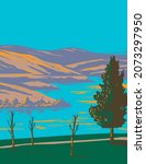 WPA poster art of East Canyon State Park and the 684 acre reservoir located northeast of Salt Lake City in Morgan County, Utah United States of America USA done in works project administration style.