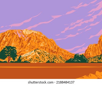 WPA poster art of the East Temple Mountain located in Zion National Park, Washington County Utah, United States USA done in works project administration style.