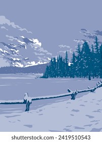 WPA poster art of Echo Lake during winter with Mount Blue Sky in the Rocky Mountain National Park, Colorado, USA done in works project administration or federal art project style.