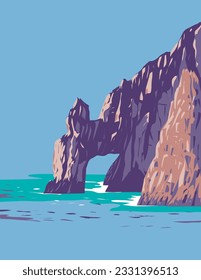 WPA poster art of El Arco or the arch of Cabo San Lucas at the southern tip of Cabo San Lucas in Baja California Peninsula Mexico done in works project administration or Art Deco style.