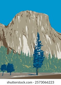 WPA poster art of El Capitan from Valley View in the Yosemite Valley within Yosemite National Park, California done in works project administration or federal art project style.