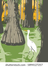 WPA poster art of the Everglades National Park, an American national park in Florida with egret in mangrove swamp and cypress trees done in works project administration or federal art project style.