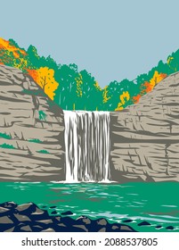 WPA poster art of Fall Creek Falls State Resort Park on the upper Cane Creek Gorge in Van Buren and Bledsoe counties Tennessee, United States of America USA done in works project administration style.