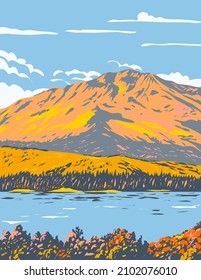 WPA poster art of Fallen Leaf Lake during fall in El Dorado County, California near California Nevada state border south west of Lake Tahoe, United States done in works project administration style. svg