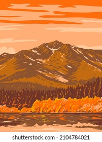 WPA poster art of Fallen Leaf Lake from Taylor Creek Trail in the fall in El Dorado County, California south west of Lake Tahoe, United States done in works project administration style. svg
