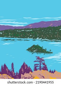 WPA poster art of Fannette Island in Lake Tahoe within Emerald Bay State Park in California, United States, USA done in works project administration style or federal art project style. svg
