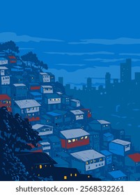 WPA poster art of the favela, a common term for Brazilian slum located in Rio de Janeiro, Brazil in Latin America done in works project administration or federal art project style.