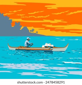 WPA poster art of Filipino fisherman paddling outrigger canoe along the northern coast of Subic Bay in Subic in Zambales, Philippines done in works project administration or federal art project style.