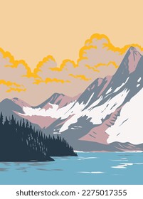 WPA poster art of Floe Lake in Kootenay National Park located in southeastern British Columbia, Canada done in works project administration.