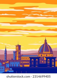 WPA poster art of Florence with Brunelleschi's Dome, the nave, and Giotto's Campanile of the Cattedrale di Santa Maria del Fiore viewed from Michelangelo Hill in Tuscany Italy done in Art Deco style.