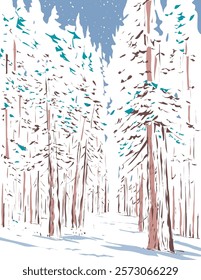 WPA poster art of forest of subalpine fir, limber pine and bristlecone pine trees during winter at Echo Lake, Idaho Springs, Colorado done in works project administration or federal art project style.