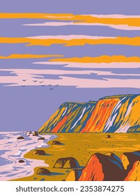 WPA poster art of Gay Head Cliffs on Martha's Vineyard located south of Cape Cod in Dukes County, Massachusetts, United States done in works project administration or Art Deco style.