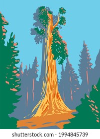 WPA poster art of the General Grant tree, a giant sequoia in the General Grant Grove section of Kings Canyon National Park in California, United States done in works project administration style.
