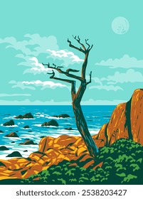 WPA poster art of a ghost or witch tree at Pescadero Point on Pebble Beach on Monterey Peninsula, California United States USA done in works project administration or federal art project style.