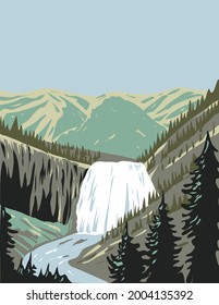 WPA poster art of Gibbon Falls, a waterfall on the Gibbon River in northwestern Yellowstone National Park, Wyoming USA done in works project administration style or federal art project style.