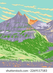 WPA poster art of Glacier National Park during spring located in northwestern Montana United States of America done in works project administration.