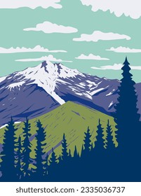 WPA poster art of Glacier Peak or Dakobed in Cascade Volcanic Arc within Glacier Peak Wilderness in North Cascade, Washington State, United States USA done in works project administration.