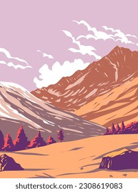 WPA poster art of Gran Paradiso National Park during autumn or fall in the Graian Alps between the Aosta Valley and Piedmont regions in Italy done in works project administration or Art Deco style.