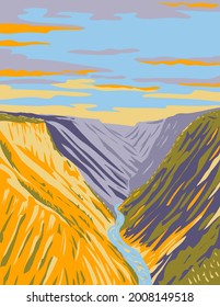 WPA poster art of Grand Canyon of Yellowstone on Yellowstone River downstream from Yellowstone Falls in Yellowstone National Park, Teton County, Wyoming USA done in works project administration style.