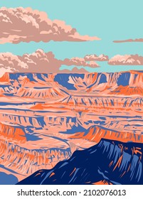 WPA Poster-Kunst des Grand Canyon Nationalparks geschnitzt vom Colorado Fluss in Arizona, USA in der Arbeit Projekt-Verwaltung Stil oder Federal Art Project Style.