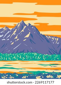 WPA poster art of Grand Teton National Park during spring located in northwestern Wyoming United States of America done in works project administration.