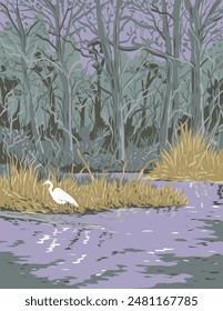 WPA poster art of a great egret in the bayou of Barataria Preserve within Jean Lafitte National Historical Park, Louisiana USA done in works project administration or federal art project style.