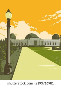 WPA poster art of the Griffith Observatory in Griffith Park on the south-facing slope of Mount Hollywood in Los Angeles, California United States USA done in works project administration style.