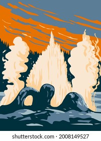 WPA poster art of Grotto Geyser, a fountain-type geyser located in the Upper Geyser Basin in Yellowstone National Park, Teton County, Wyoming USA done in works project administration style.