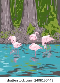 WPA poster art of a group of flamingo or flamboyance in Everglades National Park in Florida, United States USA done in works project administration or Art Deco style.