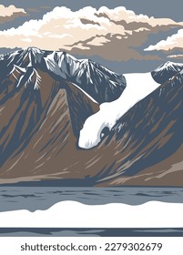 WPA poster art of Gull Glacier in Tanquary Fiord in Quttinirpaaq National Park located on Ellesmere Island in Qikiqtaaluk Region of Nunavut, Canada done in works project administration.