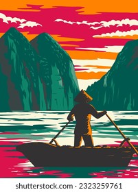 WPA poster art of Ha Long Bay or Halong Bay with boat vendor during sunset located in Quang Ninh Province in Vietnam done in works project administration or Art Deco style.