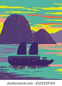 WPA poster art of Ha Long Bay or Halong Bay with junk boat during sunset located in Quang Ninh Province in Vietnam done in works project administration or Art Deco style.