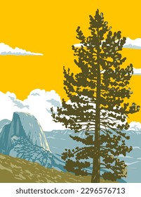 WPA poster art of Half Dome viewed from Glacier Point at the eastern end of Yosemite Valley in Yosemite National Park, California USA done in works project administration or Art Deco style.