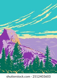 Cartel de arte de la WPA de Half Dome visto desde Glacier Point en el Parque Nacional de Yosemite en el norte de California, Estados Unidos de América EE. UU. hecho en la administración de proyectos de obras o estilo de proyectos de arte federal.