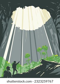 WPA poster art of Hang Son Doong Cave doline in Phong Nha-Ke Bang National Park, Bo Trach District, Quang Binh Province in Vietnam done in works project administration or Art Deco style.