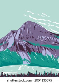 WPA poster art of Hidden Lake with Bearhat Mountain in background located in Glacier National Park, Montana USA done in works project administration style or federal art project style.