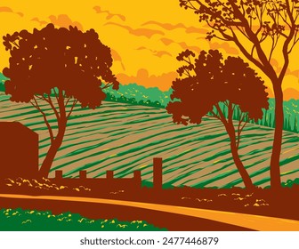 WPA poster art of a hillside vineyard in the Napa Valley wine region north of San Francisco, in California, United States USA done in works project administration or federal art project style.