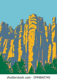 WPA poster art of hoodoos in the Chiricahua Mountains located in Chiricahua National Monument in Arizona, United States done in works project administration style or federal art project style.