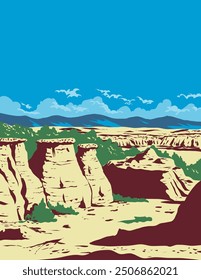 WPA poster art of hoodoos in Writing on Stone Provincial Park in Alberta, Canada done in works project administration or federal art project style.