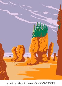 WPA poster art of Hopewell Rocks in Fundy National Park located on the Bay of Fundy near the village of Alma, New Brunswick, Canada done in works project administration.