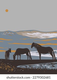 WPA poster art of horses at Sable Island Reserve situated southeast of Halifax, Nova Scotia in Canada in works project administration or federal art project style.