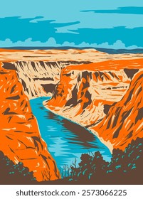 WPA poster art of Horseshoe Bend within Glen Canyon National Recreation Area in the east rim of Grand Canyon near Page, Arizona, USA done in works project administration or federal art project style.