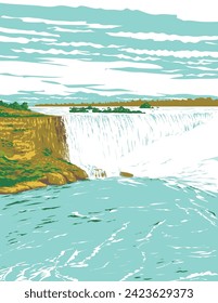 WPA poster art of Horseshoe Falls or Canadian Falls in Niagara Falls on Niagara River in Golden Horseshoe region of Ontario, Canada done in works project administration or federal art project style.