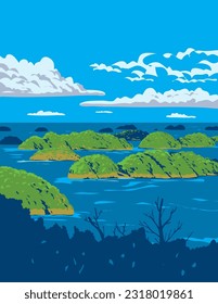 WPA poster art of Hundred Islands National Park scattered in Lingayen Gulf area located in Alaminos, Pangasinan, Luzon Philippines done in works project administration or Art Deco style.