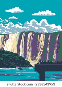 Afiche de la WPA de las Cataratas de Iguazu sobre el río Iguazú dentro del Parque Nacional de Iguazú entre la frontera de Argentina y Brasil realizado en obras de administración de proyectos o estilo Art Deco.