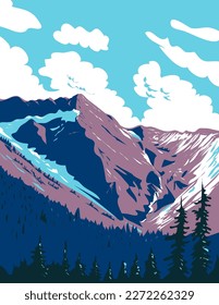 WPA poster art of Illecillewaet Glacier in Selkirk Mountains within the Glacier National Park in British Columbia, Canada done in works project administration.