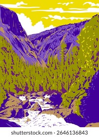 A arte cartaz WPA da Garganta Illilouette que corta a parede sul do Vale de Yosemite, vista do rio Merced na trilha John Muir no Parque Nacional de Yosemite, feita em estilo de administração de projetos de obras.