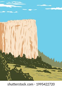 WPA poster art of Inscription Rock, a sandstone bluff in El Morro National Monument in Cibola County, New Mexico, United States done in works project administration style or federal art project style.